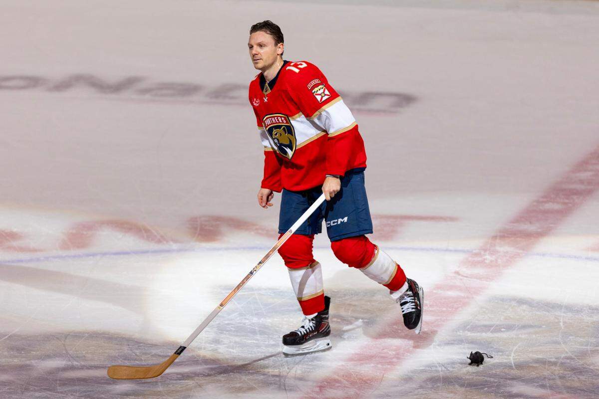 Florida Panthers center Sam Reinhart (13) is named a star of the game after his team defeated the New York Rangers 4-3 during an NHL game at Amerant Bank Arena in Sunrise, Florida, on Friday, December 29, 2023.