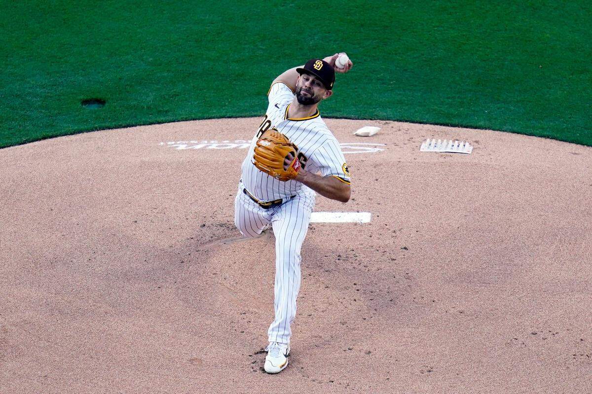 San Diego Padres starting pitcher Nick Martinez works against a Miami Marlins batter during the first inning of a baseball game Thursday, May 5, 2022, in San Diego. (AP Photo/Gregory Bull)