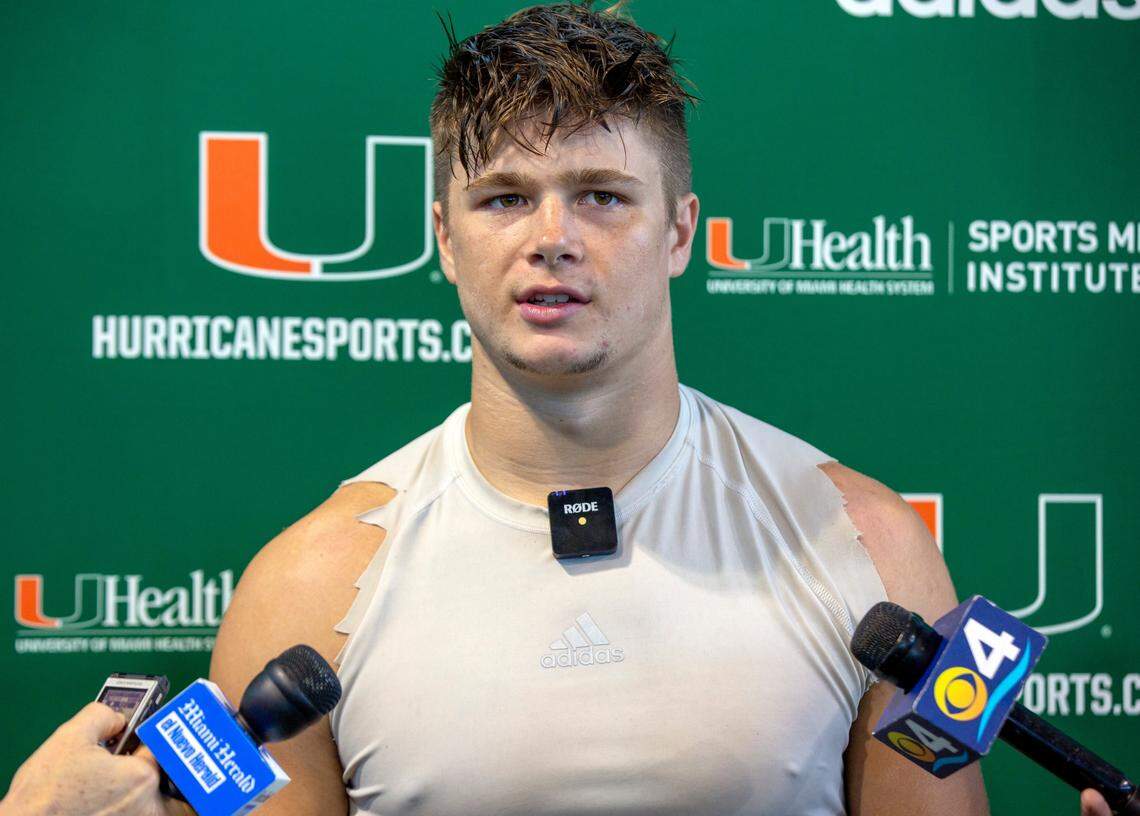University of Miami tight end Will Mallory (85) speaks to the media in August 20, 2019.