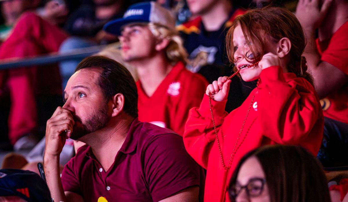 Florida Panthers fans react during the second period as they watch their team play against the Edmonton Oilers in Game 4 of the NHL Stanley Cup Finals at the Amerant Bank Arena on Saturday, June 15, 2024, in Sunrise, Fla.