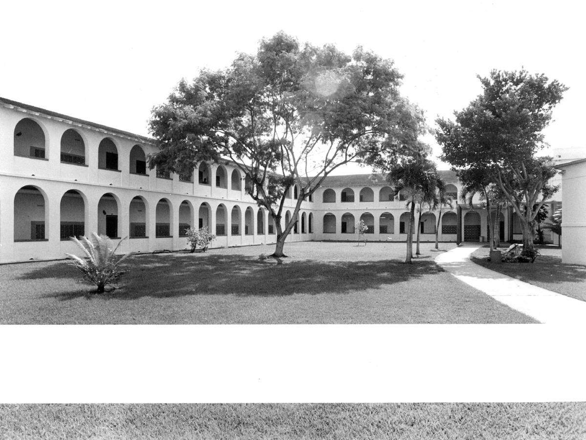 One of two courtyards surrounded by classrooms at Miami Jackson High School in 1987.
