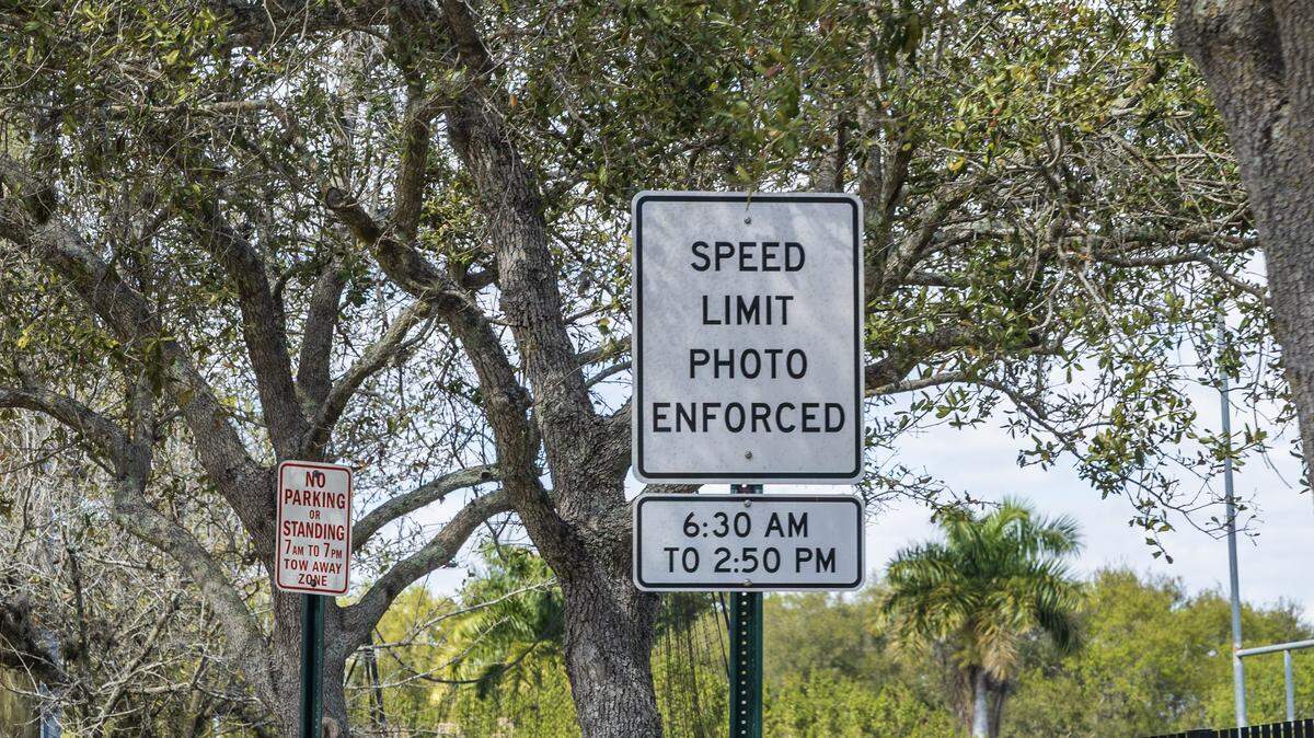 View of some school-zone speed limit signals that are part of the “School Zone Camera Safety Program” installed around the Palmetto Elementary, located at 12401 SW 74th Ave Pinecrest, on Wednesday, February 25, 2026.