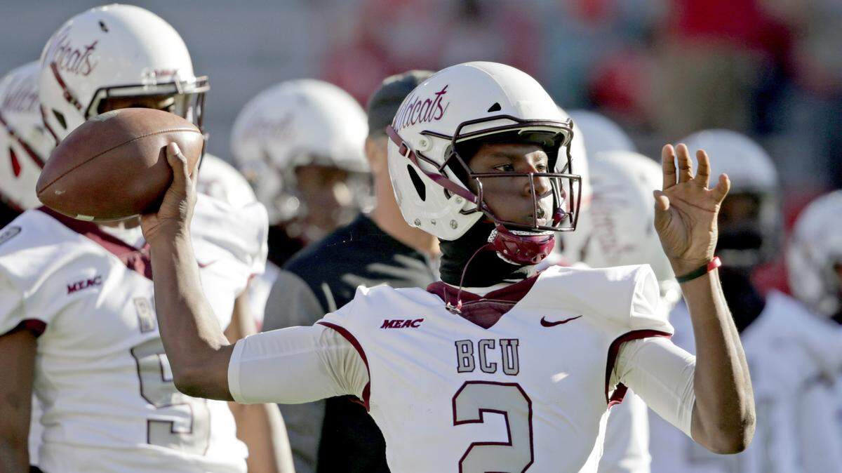 Bethune-Cookman quarterback David Israel (2) warms up before an NCAA college football game against Nebraska in Lincoln, Neb., Saturday, Oct. 27, 2018.