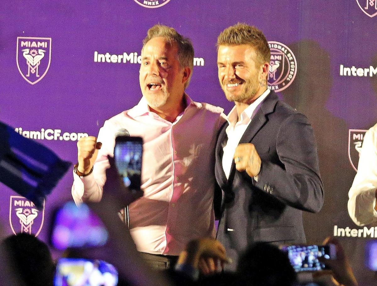 At a victory party in Coral Gables, Jorge Mas and David Beckham celebrate the vote that put them closer to bringing a soccer stadium to Miami at the Melreese Golf Course, on Nov. 6, 2018.