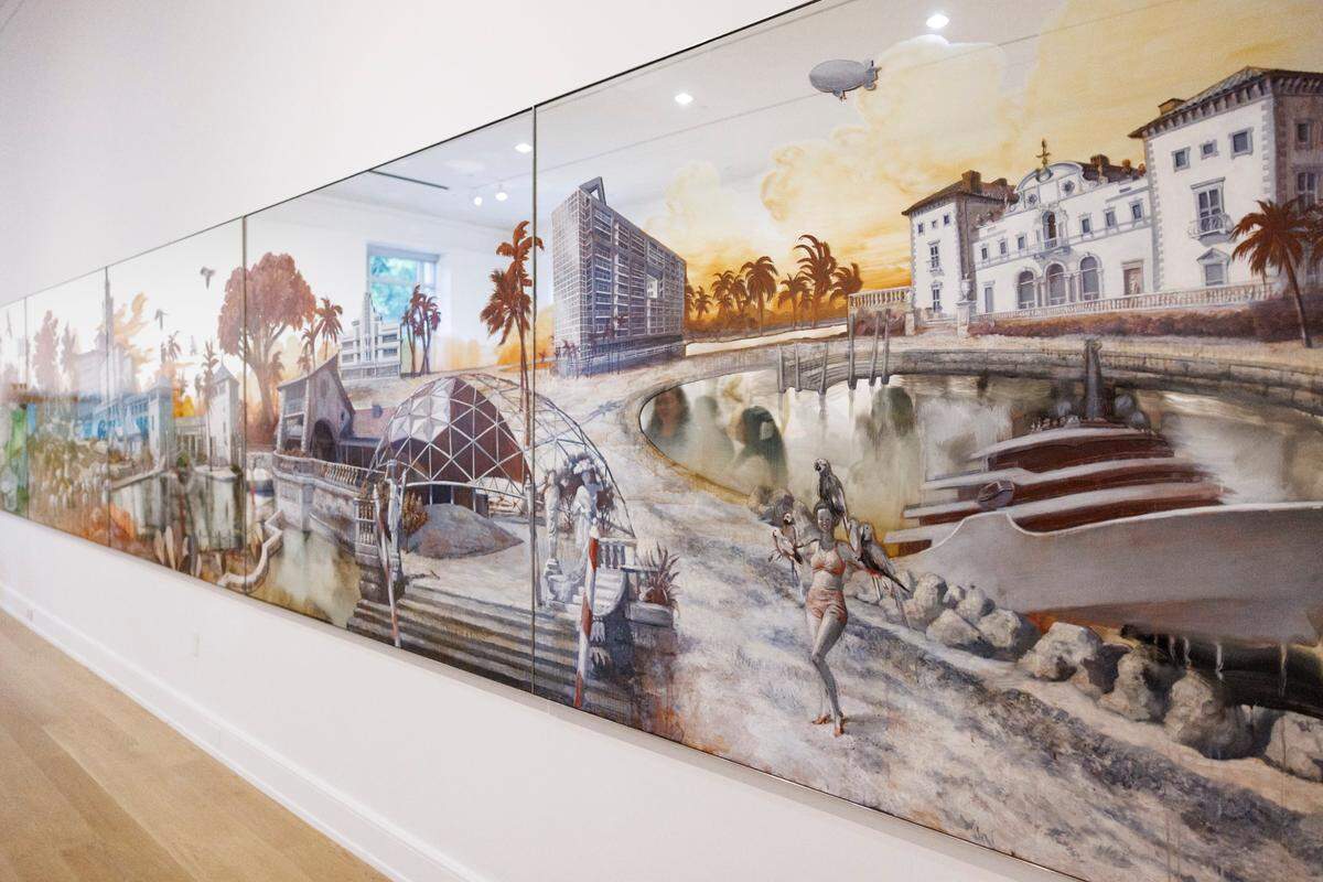 Rachel Feinstein artwork entitled “Panorama of Miami.” There are places and references to her childhood in Miami featured in the work.