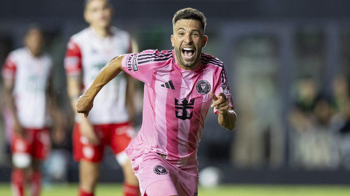 Inter Miami CF defender Jordi Alba (18) celebrates after scoring a goal against Necaxa in the second half of their Leagues Cup Phase One soccer match on Saturday in Fort Lauderdale, Fla.