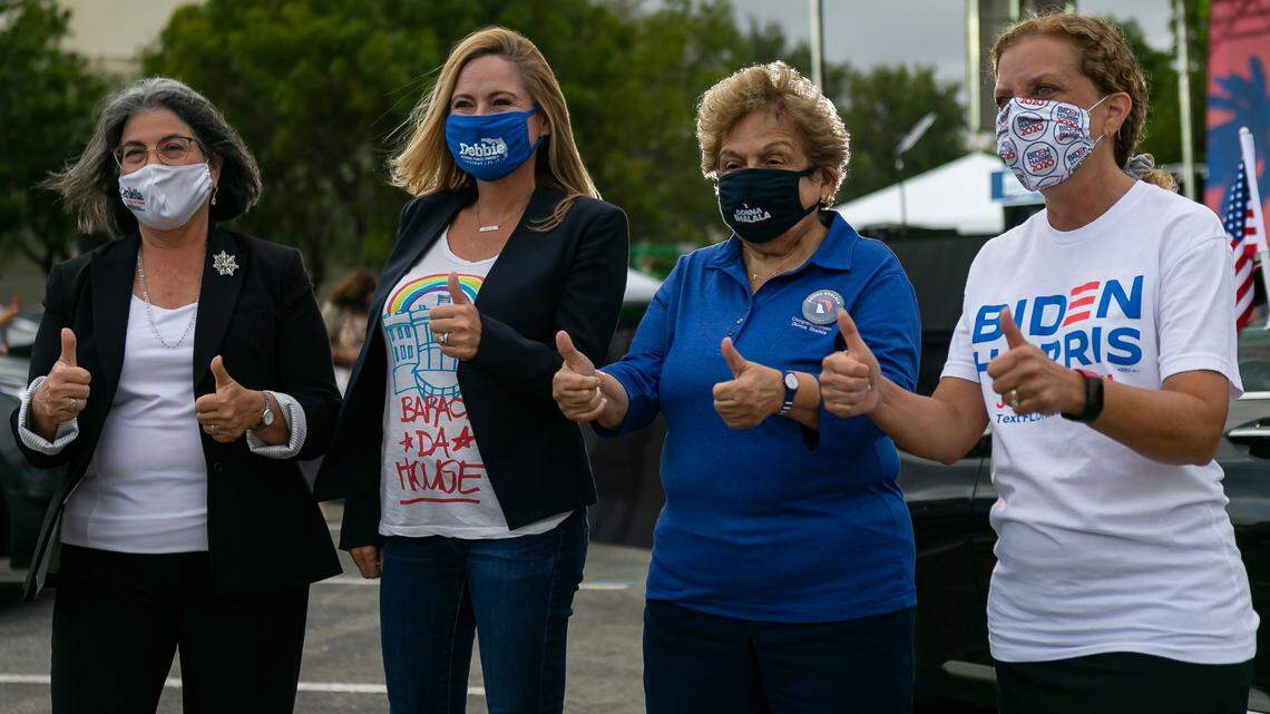 From left to right: Miami-Dade Mayoral Candidate Daniella Levine Cava, Debbie Mucarsel-Powell, (FL-26), Donna Shalala, (FL-27) and Debbie Wasserman Schultz, (FL-23), attend a Barack Obama drive-in rally in support of Joe Biden near Florida International University in Miami, Florida, on Monday, November 2, 2020.