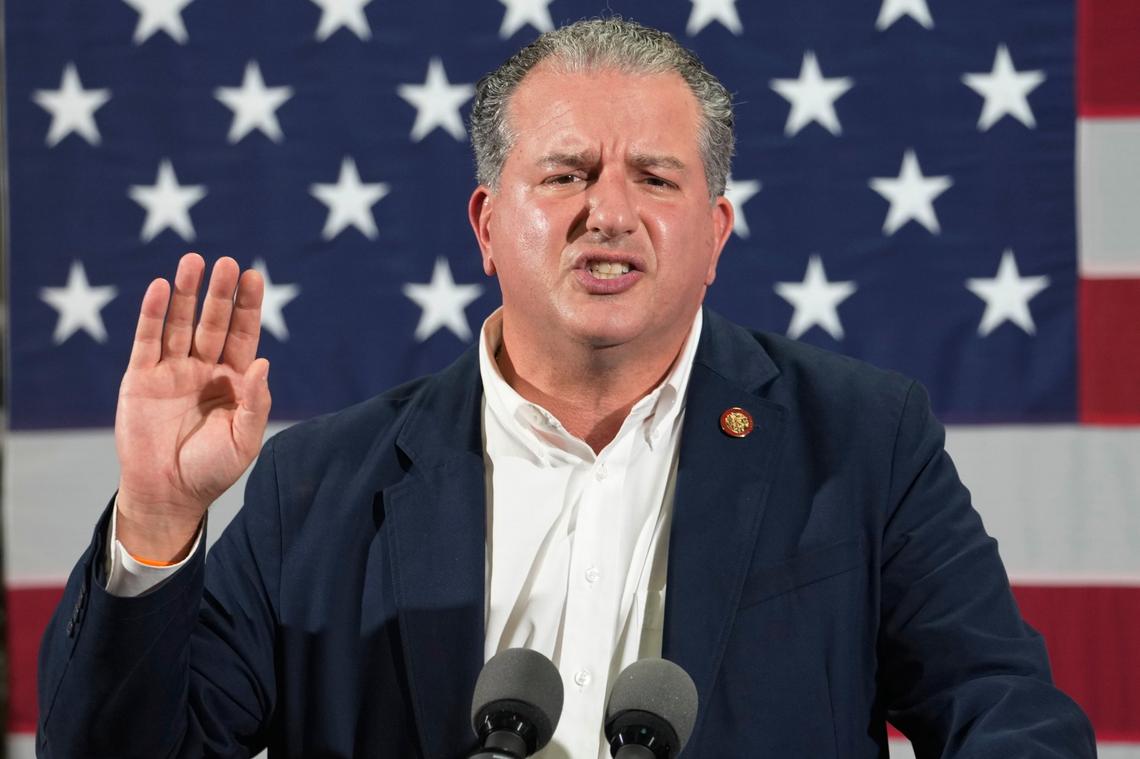 Florida Chief Financial Officer Jimmy Patronis speaks during a campaign rally for Republican Florida Gov. Ron DeSantis during a campaign rally, Monday, Nov. 7, 2022, in Hialeah, Florida.
