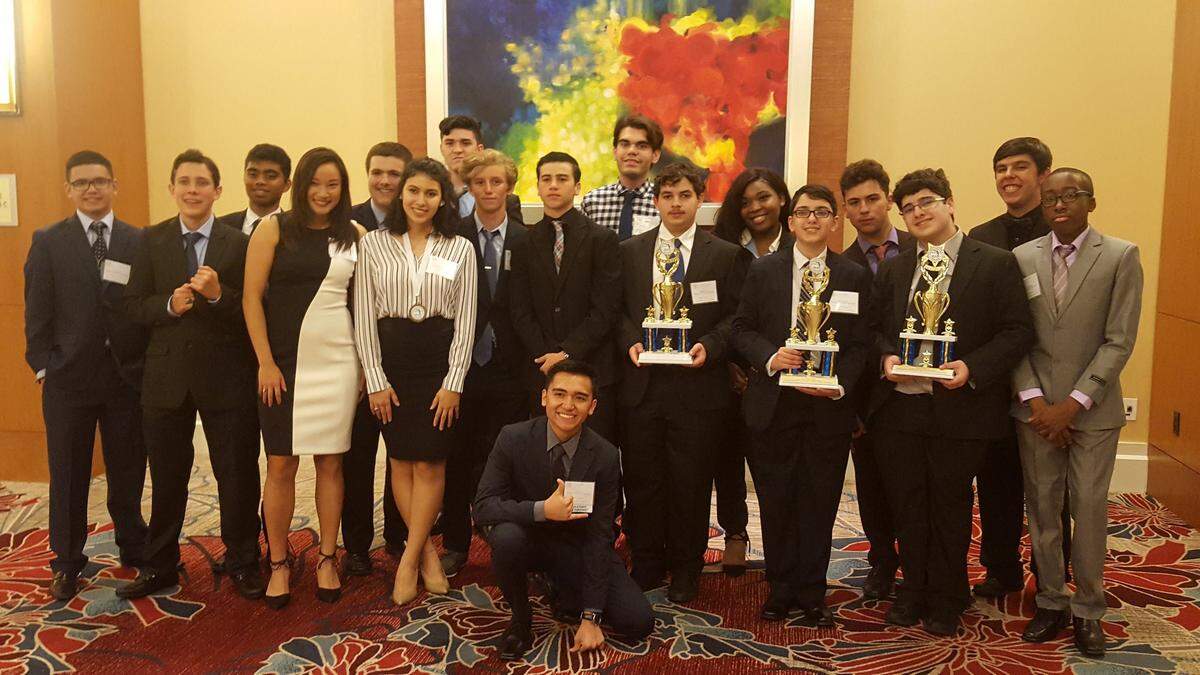 Monsignor Pace High School students Nicolas Macias, Eric Gonzalez, Jonathan Reyes and Vanessa Perez-Robles earned awards during the Future Business Leaders of America’s 2018 Florida State Leadership Conference in Orlando. From left: Ethan Mansell, Hans Kaarstein, Matthew Schaffer, Grace Li, Nickolas Valdes, Vanessa Perez-Robles, Kyle Hancock, Logan Sommerhoff, Paolo Jebian, Joseph Cusco, Jonathan Reyes, Raven Jacques, Nicolas Macias, Leopoldo Garcia, Eric Gonzalez, Nathan Bonet, Joshua Washington and Gavin Diaz.