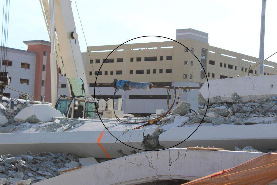 This blue hydraulic jack was attached to a tensioning rod running through the bridge’s No. 11 strut — a concrete brace that helped support the span — in order to re-tension the structure. It’s not clear why workers were doing this, but independent engineers believe the procedure caused the No. 11 support to fail.