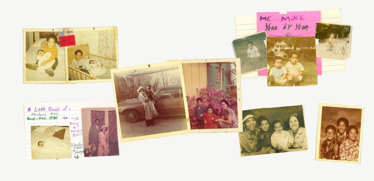 Michael Bell as a young person with his mother, father and brothers. Photos courtesy of Margo Hampton, collage by Alicia Vera for The Marshall Project