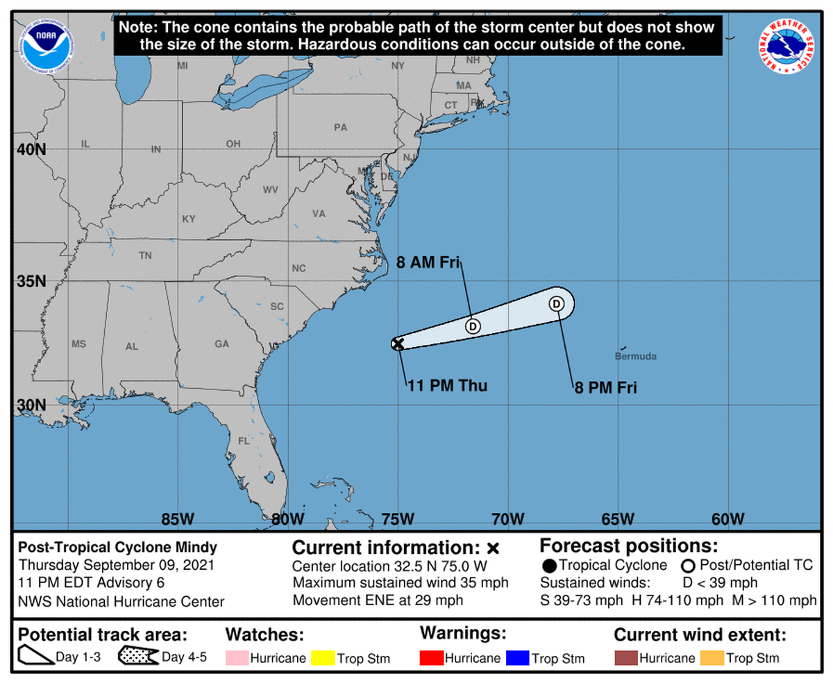 Post-Tropical Storm Mindy’s forecast cone as of the 11 p.m. advisory on Sept. 9.