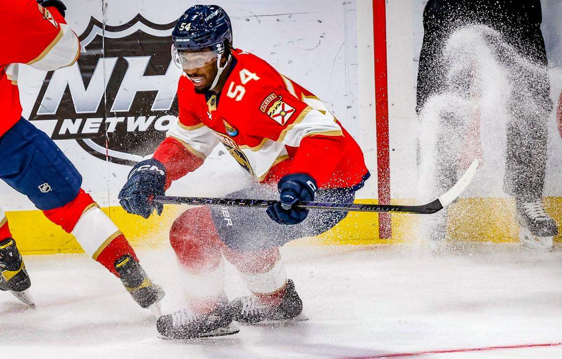 Florida Panthers right wing Givani Smith (54) kicks up the ice during the game against the Minnesota Wild in the first period at FLA Live Arena in Sunrise, FL on Saturday, January 21, 2023.