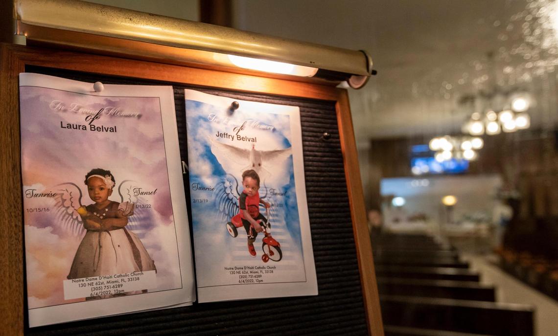 Images of the children at the entrance to the viewing for Laura and Jeffry Belval at Emmanuel Funeral Home in North Miami Beach.