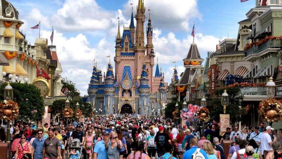 Crowds fill Main Street USA in front of Cinderella Castle at the Magic Kingdom on the 50th anniversary of Walt Disney World, in Lake Buena Vista, Fla., on Friday, Oct. 1, 2021. (Photo by Joe Burbank/Orlando Sentinel/TNS/Sipa USA)
