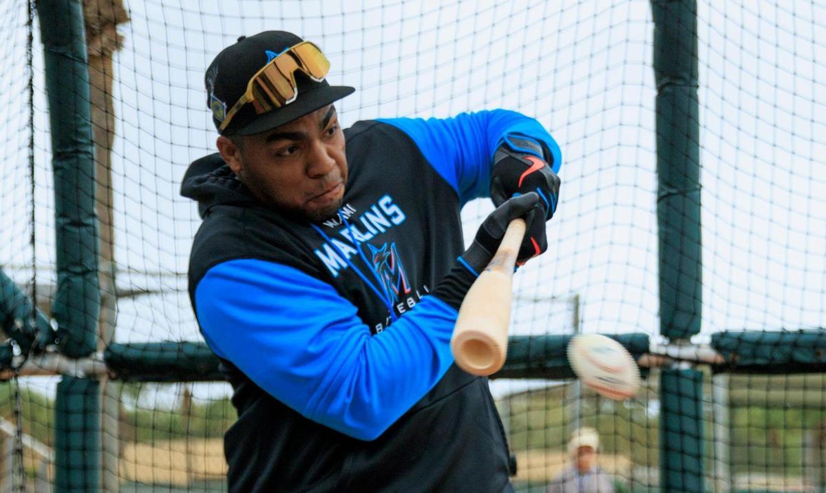 Miami Marlins first baseman Jesus Aguilar bats during batting practice in their spring training workout at Roger Dean Stadium on Tuesday, March 15, 2022 in Jupiter, FL.