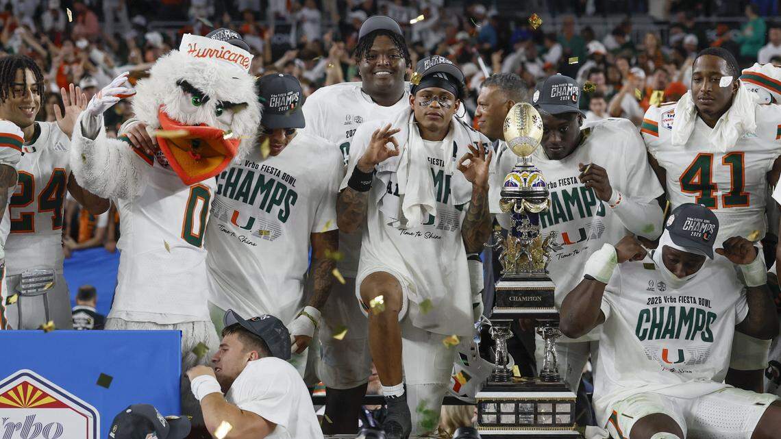 The Miami Hurricanes celebrate after defeating the Mississippi Rebels during the College Football Playoff semifinal at the Fiesta Bowl in State Farm Stadium on Thursday, January 8, 2026 in Glendale, Arizona.