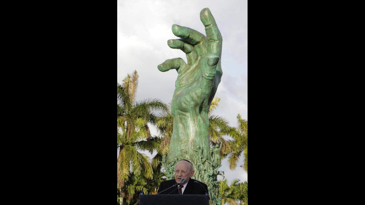 The Holocaust Memorial Committee Chair Rabbi Solomon Schiff speaks during ‘Yom Hashoah’ (Holocaust Remembrance Day) ceremony on April 15, 2012, at the Holocaust Memorial in Miami Beach.