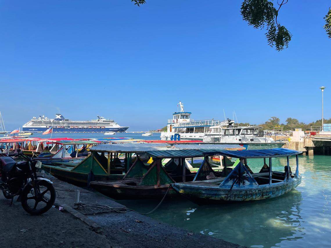 A Celebrity Cruise ship, off the coast of Labadee, a tourist attraction for cruise ship passengers in northern Haiti. In January 2023. The Royal Caribbean Group owns Celebrity.