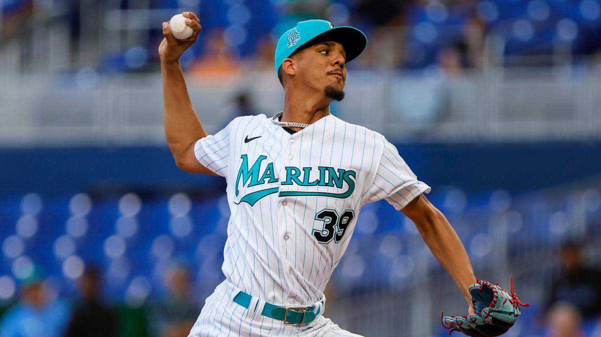 Miami Marlins starting pitcher Eury Perez (39) delivers a pitch against the Cincinnati Reds during the first inning at loanDepot Park on Friday, May 12, 2023.