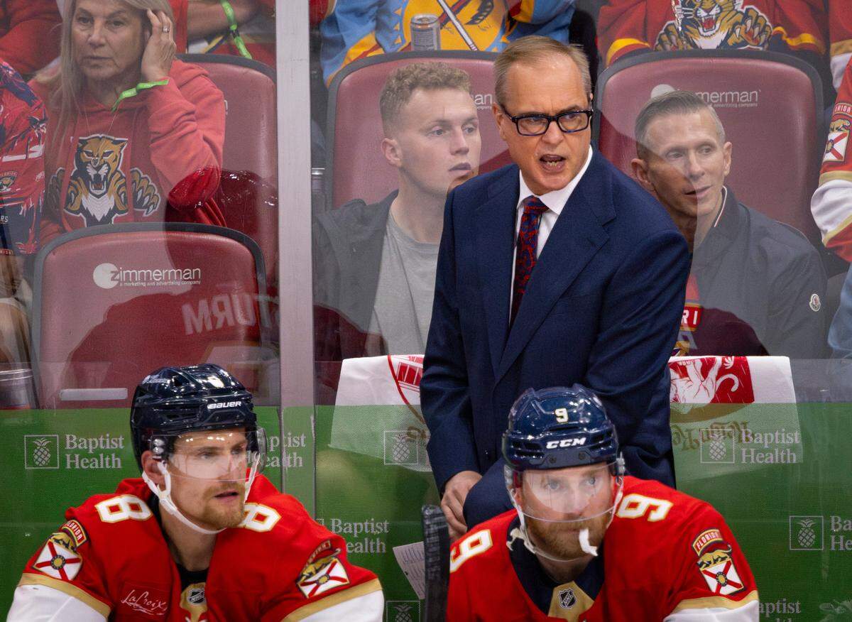 Florida Panthers Head Coach Paul Maurice yells in the first period of Game 4 during the Eastern Conference final of the NHL Stanley Cup playoffs against the Carolina Hurricanes at the Amerant Bank Arena on Monday, May 26, 2025 in Sunrise, Fla.