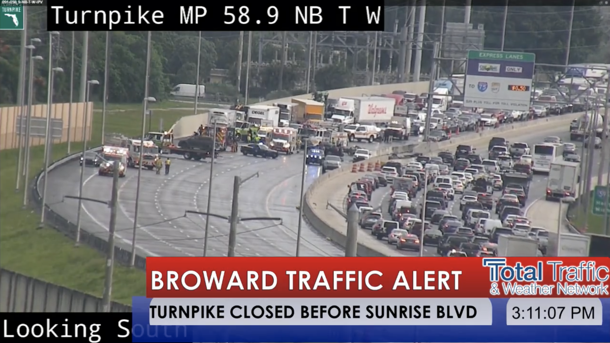 All northbound lanes on the Florida Turnpike near Sunrise Boulevard are closed after a serious traffic crash in Broward, traffic cameras show.