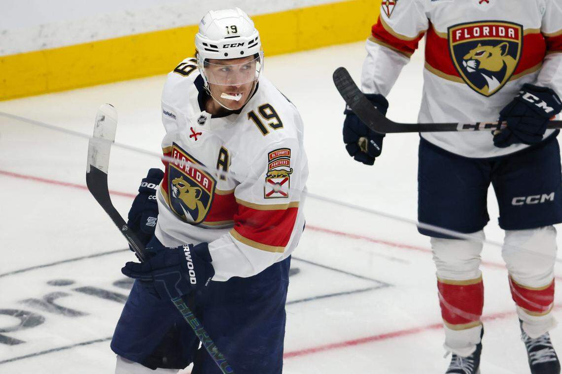 Florida Panthers left wing Matthew Tkachuk (19) celebrates after scoring a goal on Tampa Bay Lightning goaltender Andrei Vasilevskiy (88) during the second period in game one of the first round of the Stanley Cup Playoffs on Tuesday, April 22, 2025 in Tampa.
