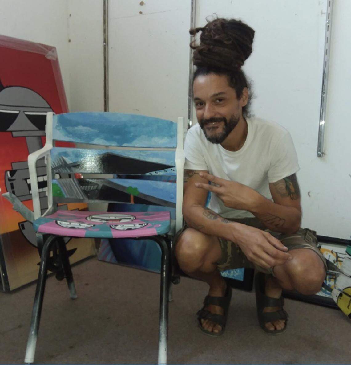 Artist Chy Walton used to go to the abandoned Miami Marine Stadium every Sunday to paint murals. His chair art features his Mitrooper character.