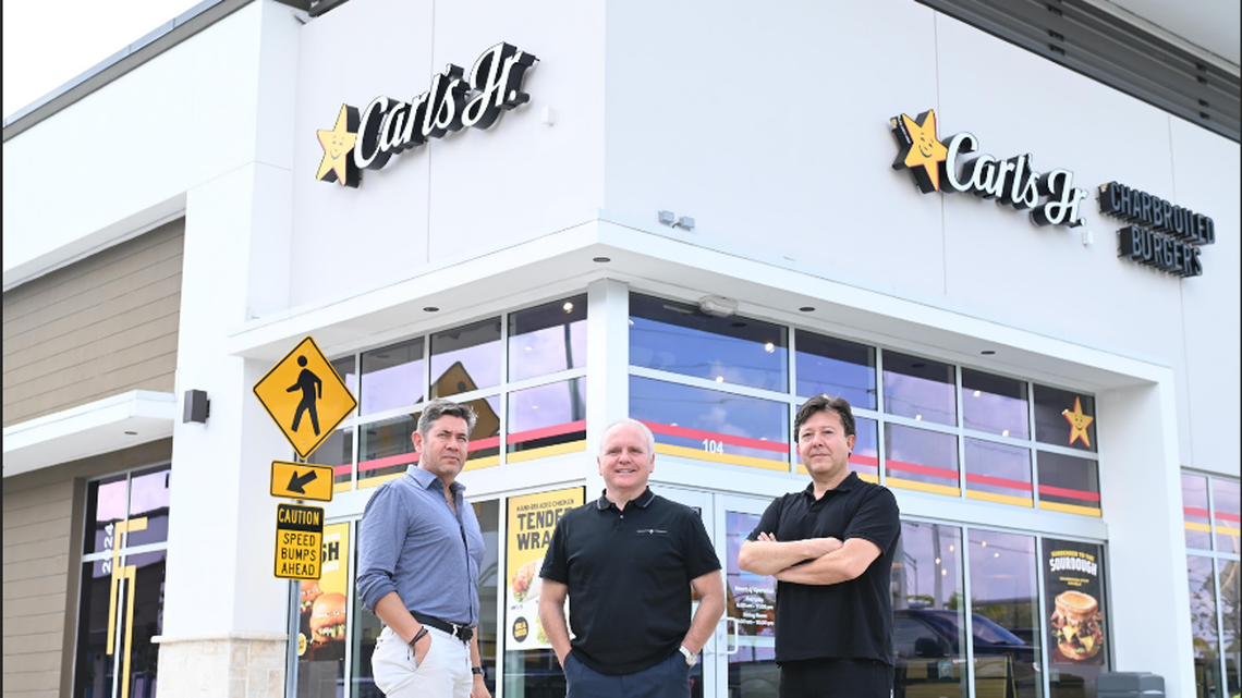 From left: Milko Grbic, managing director and partner; Ronald Santolaya, CEO and partner; Claudio Fernandez, managing director and partner, all from RSMG, which is operating the first Carl’s Jr. restaurant in Florida.