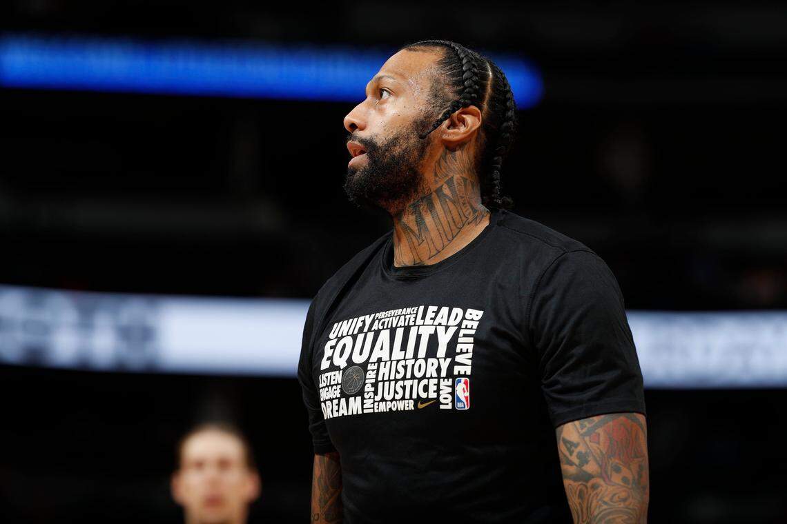 Miami Heat forward James Johnson (16) in the first half of an NBA basketball game Monday, Feb. 11, 2019, in Denver.