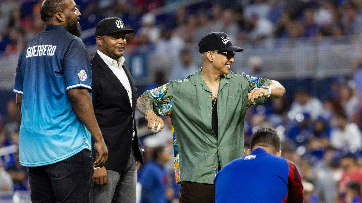 Puerto Rican rapper Daddy Yankee throws a ceremonial first pitch before the start of an MLB game between the Miami Marlins and the Chicago Cubs at loanDepot park on Saturday, April 29, 2023, in Miami, Fla.