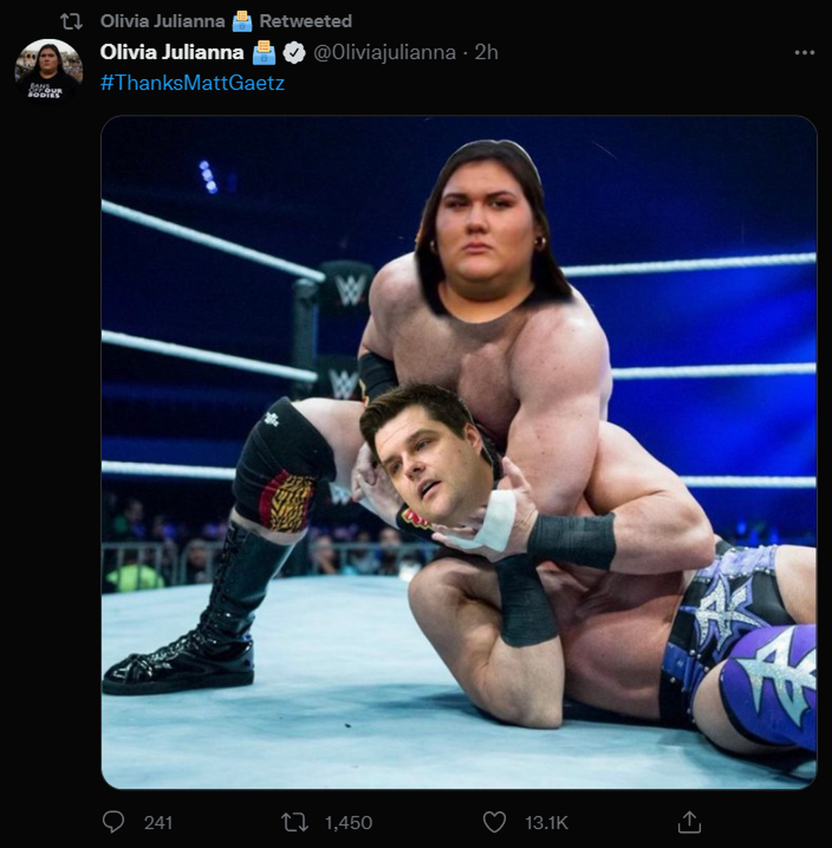 Texas activist Olivia Julianna tweeted a clearly doctored photo of herself putting U.S. Rep. Matt Gaetz of Florida in a headlock inside a wrestling ring.