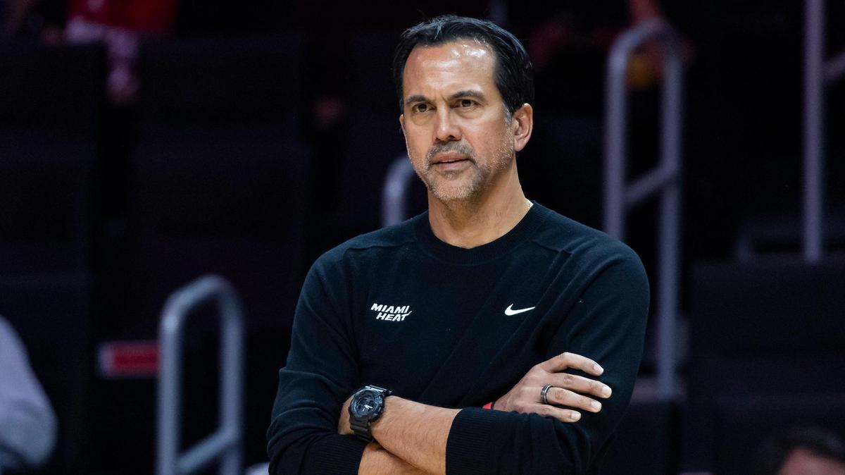 Miami Heat head coach Erik Spoelstra looks on as his team plays against the Toronto Raptors in the first half of their NBA game at Kaseya Center on Dec. 12, 2024, in Miami.