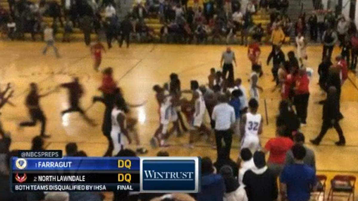 A fight near the end of an Illinois high school basketball playoff game got both teams disqualified from the postseason tournament.