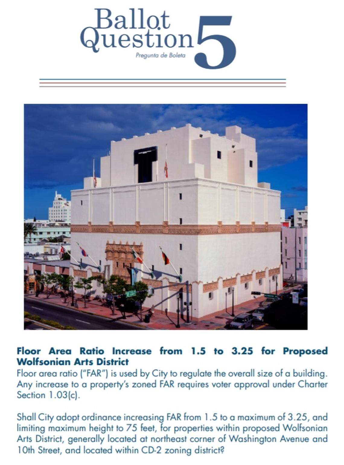 The text of Miami Beach Referendum 5, which is on the Nov. 3 ballot citywide, is pictured in the city’s voter guide. If a majority of voters approve, the referendum will change zoning rules to allow for the proposed expansion of the Wolfsonian-FIU museum.