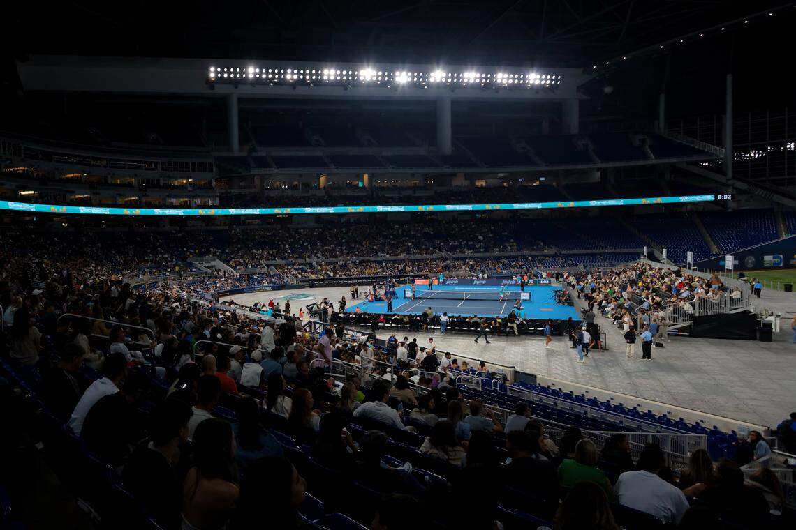 A view of the court during an exhibition match between Jessica Pegula and Amanda Anisimova at the Miami Tennis Invitational on Monday, Dec. 8, 2025, at loanDepot Park in Miami, Fla.