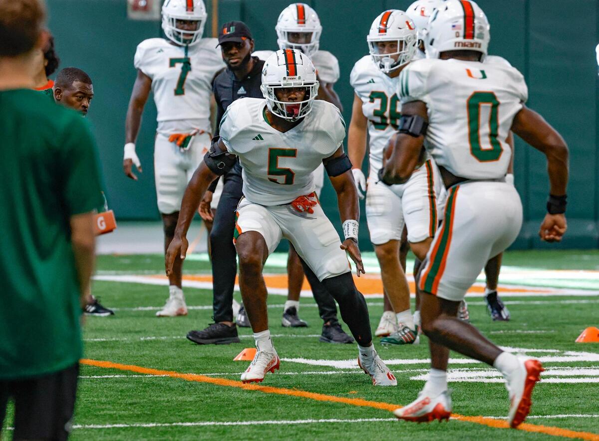 Miami Hurricanes safety Kamren Kinchens (5) runs through drills during practise at the Carol Soffer Indoor Practice Facility at the University of Miami in Coral Gables on Wednesday, August 9, 2023.