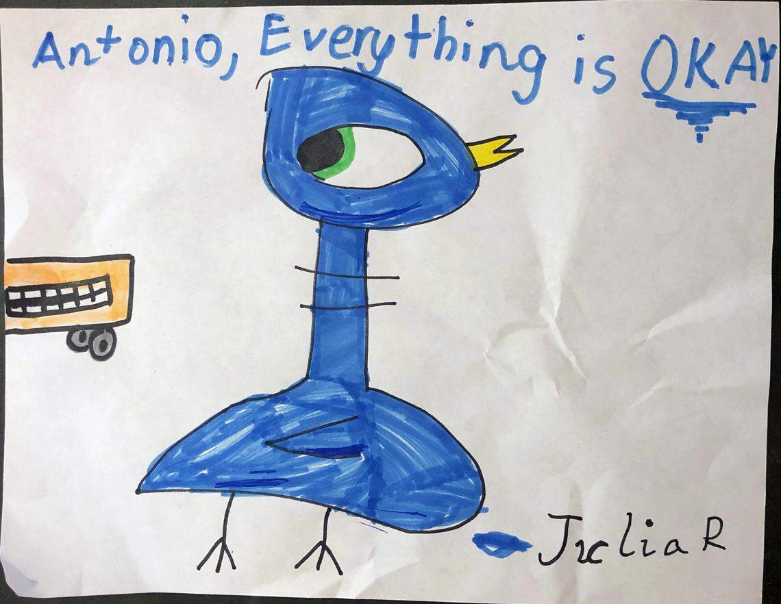 Artwork by Julia Russell, 7, for a senior named Antonio, part of the Hearts Passion Project to connect children and the elderly during the coronavirus pandemic.
