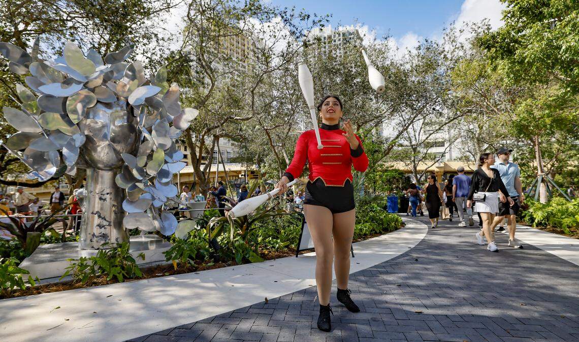 Nicole Caldiroli performs at Huizenga Park as it reopens to the public with a ribbon cutting ceremony after a major renovation in Fort Lauderdale, Florida, on Saturday, January 24, 2026.