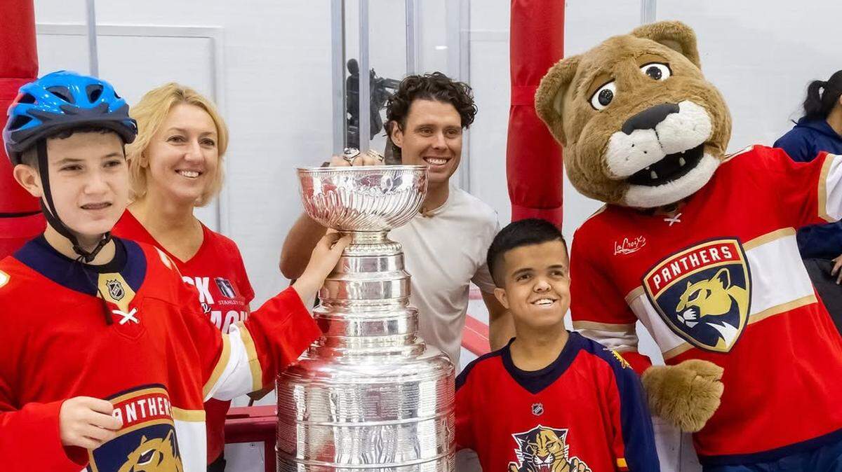 Florida Panthers forward Carter Verhaeghe poses for a photo on Saturday, Sept. 6, 2025, at the Baptist Health IcePlex in Fort Lauderdale, Florida. Verhaeghe brought the Stanley Cup to the team’s practice rink to share with members of Best Buddies, the Special Olympics and the Florida Panthers’ adaptive hockey team.