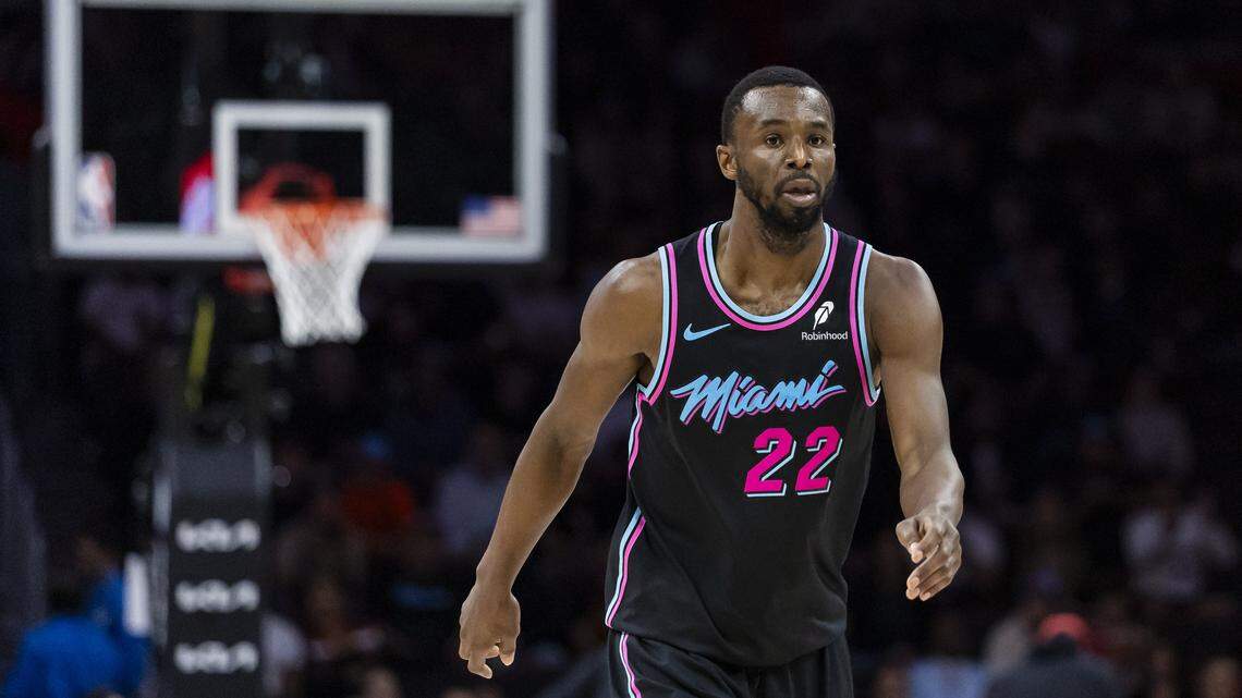 Miami Heat forward Andrew Wiggins (22) looks on after a play against the Cleveland Cavaliers in the second half of their NBA game at Kaseya Center on Nov. 12, 2025, in Miami.