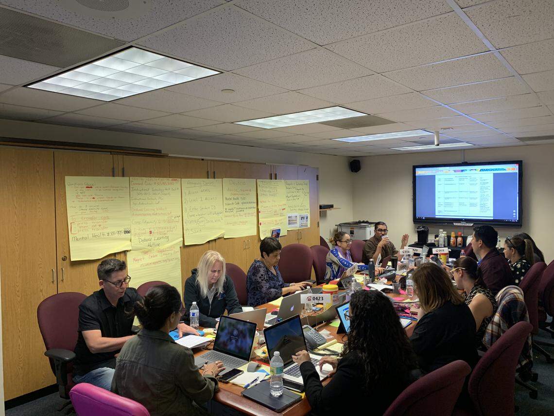 Administrators from Miami-Dade County Public Schools’ Office of Academics and Transformation are working as help desk operators as the district transitions to remote online classes.