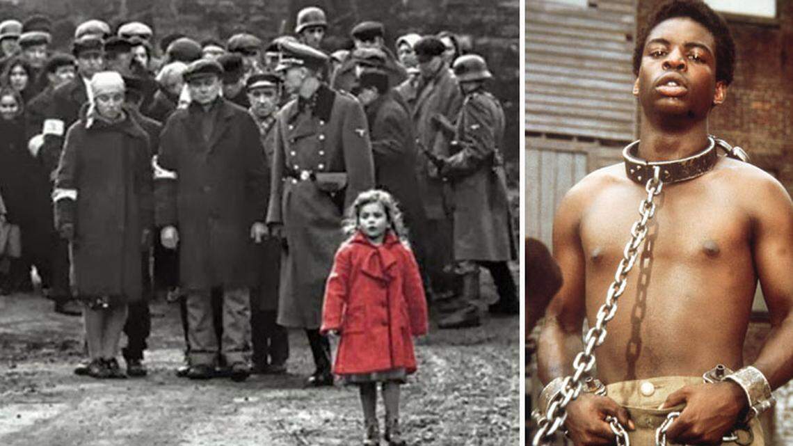 A scene from “Schindler’s List”, the film about Oskar Schindler and how he hired Jews at his factory during the Holocaust, left, and LeVar Burton enslaved as Kunta Kinte in the original 1977 miniseries “Roots,” based on the novel by Alex Haley.