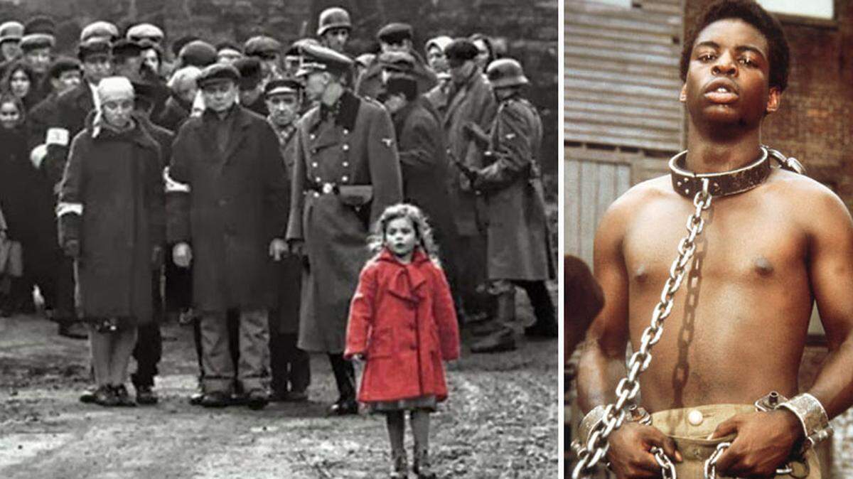 A scene from “Schindler’s List”, the film about Oskar Schindler and how he hired Jews at his factory during the Holocaust, left, and LeVar Burton enslaved as Kunta Kinte in the original 1977 miniseries “Roots,” based on the novel by Alex Haley.