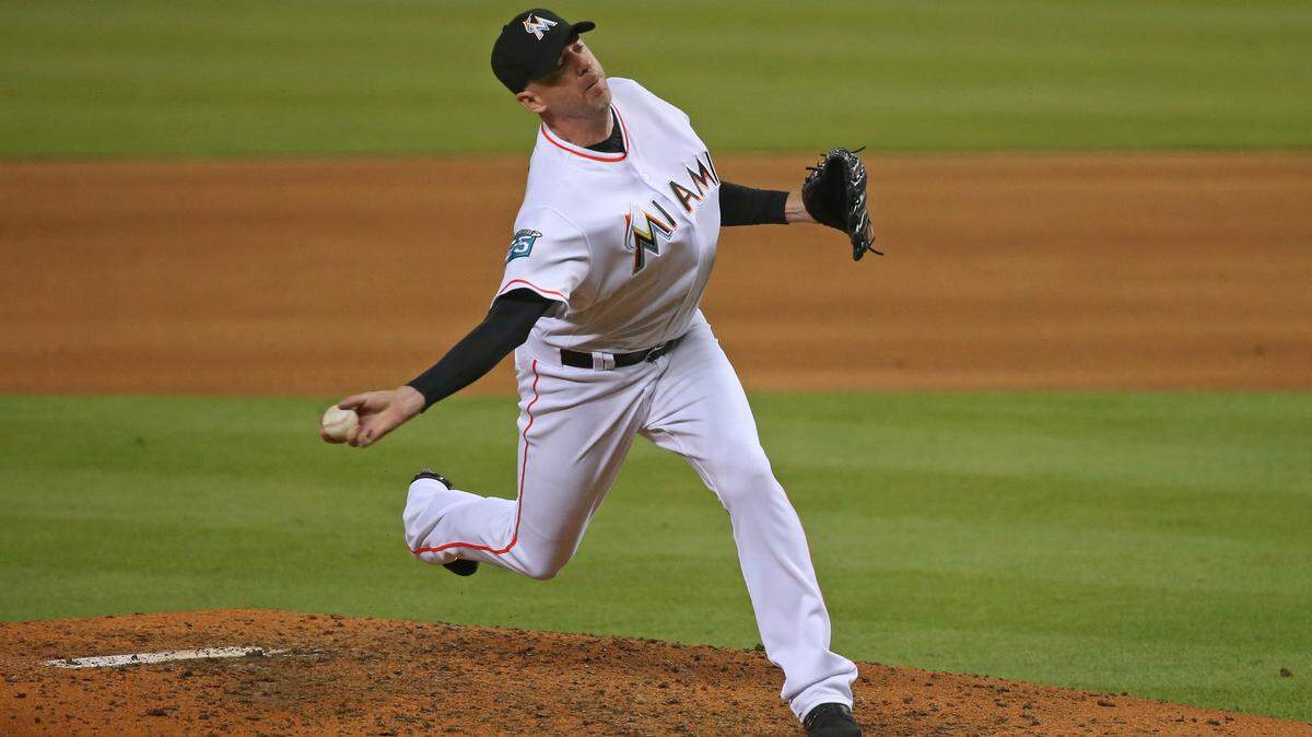 Miami Marlins pitcher Brad Ziegler pitches during the eighth inning of a Major League Baseball game against the San Francisco Giants at Marlins Park on Tuesday, June 12, 2018.
