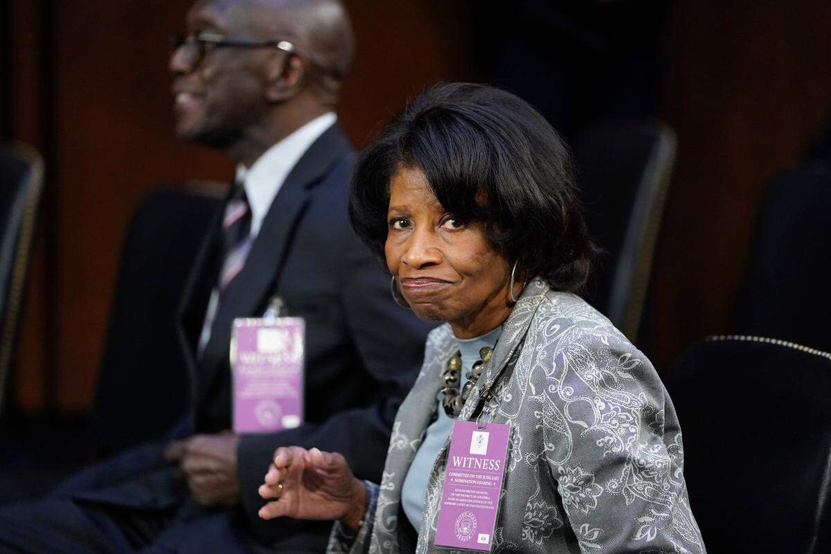 Ellery and Johnny Brown, parents of Supreme Court nominee Ketanji Brown Jackson, watch as she testifies during her Senate Judiciary Committee confirmation hearing on Capitol Hill in Washington, Tuesday, March 22, 2022.