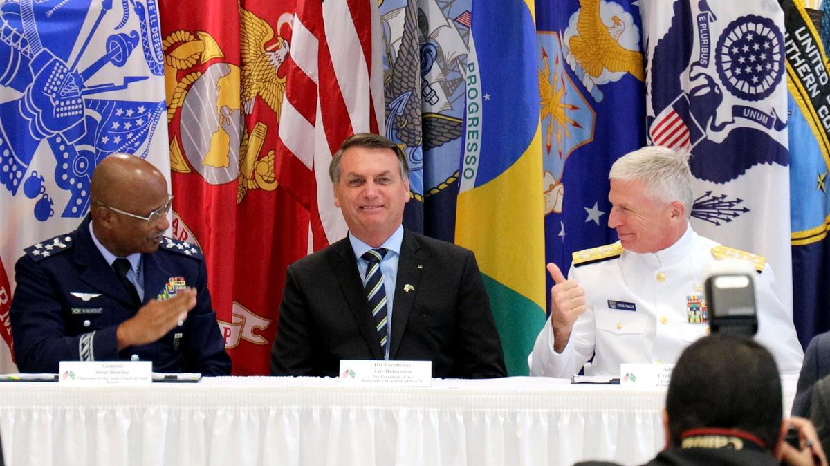 Brazilian President Jair Bolsonaro, center, during a visit to the U.S. Southern Command on March 8, 2020.