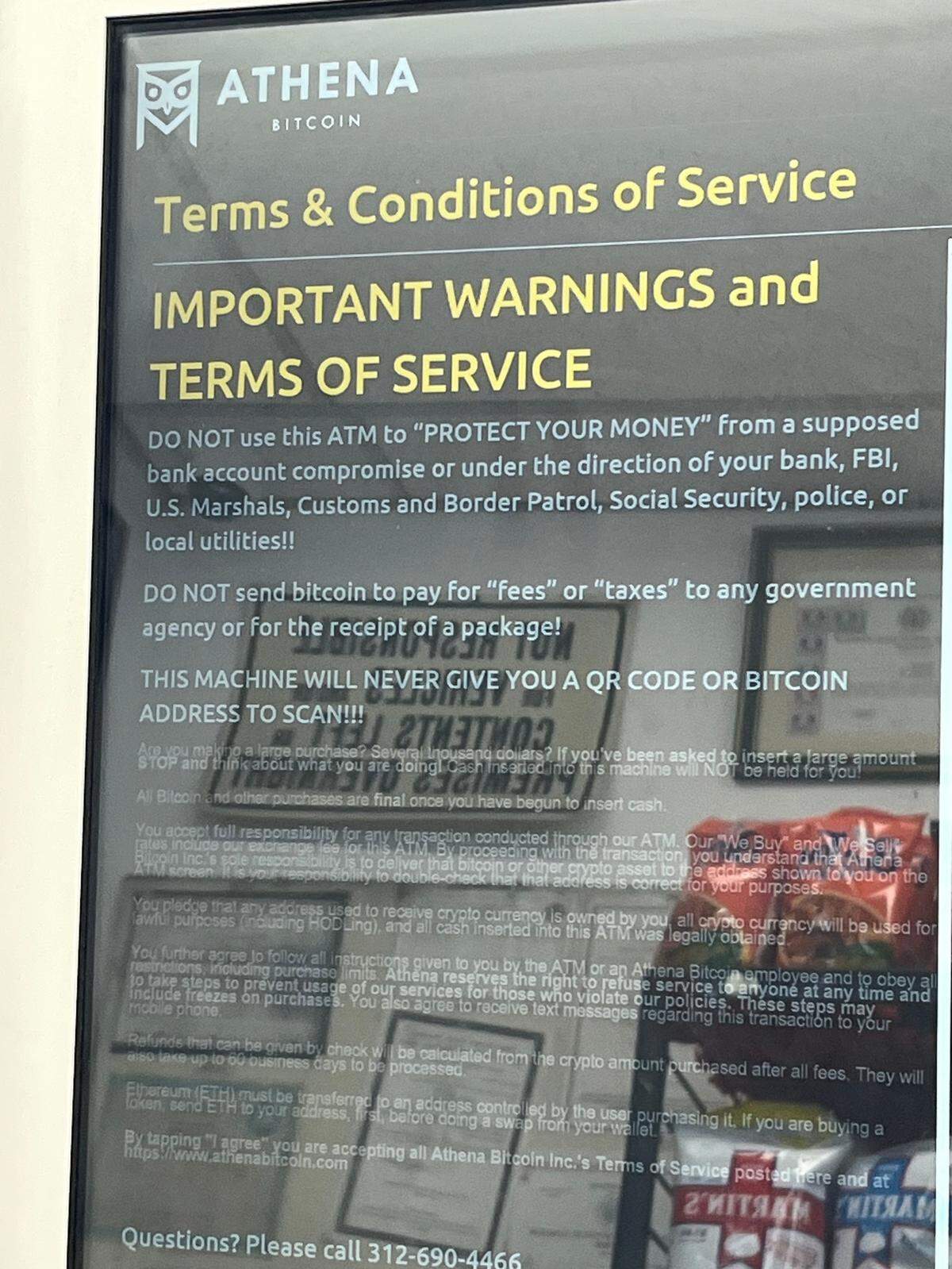 A consumer warning on a cryptocurrency ATM