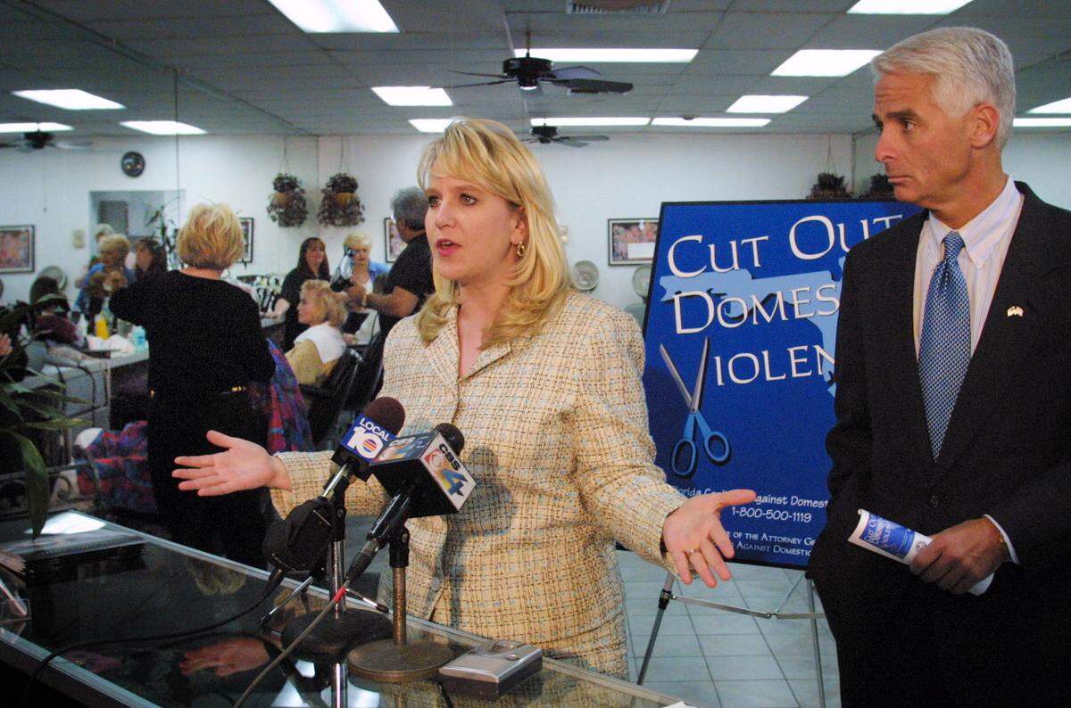 In March 2004, then-Florida Attorney General Charlie Crist appeared at the JAS Hair and Nails Salon at 4510 Hollywood Blvd., Hollywood, to recruit hair salons to participate in an awareness program to help spot signs of domestic violence. With him was Tiffany Carr of the Florida Coalition Against Domestic Violence.
