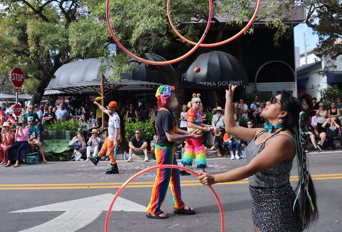 Members of the Coconut Grove Juggling Exchange perform the crowd during the 42nd Annual King Mango Strut - a wacky, fun-filled parade celebrating the quirks, humorous, and satirical political statements held on Sunday, January 4, 2026, in the heart of the Grove in Miami, Florida. 